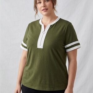 Olive Green Short Sleeve Zip-Front Tee with White Trim